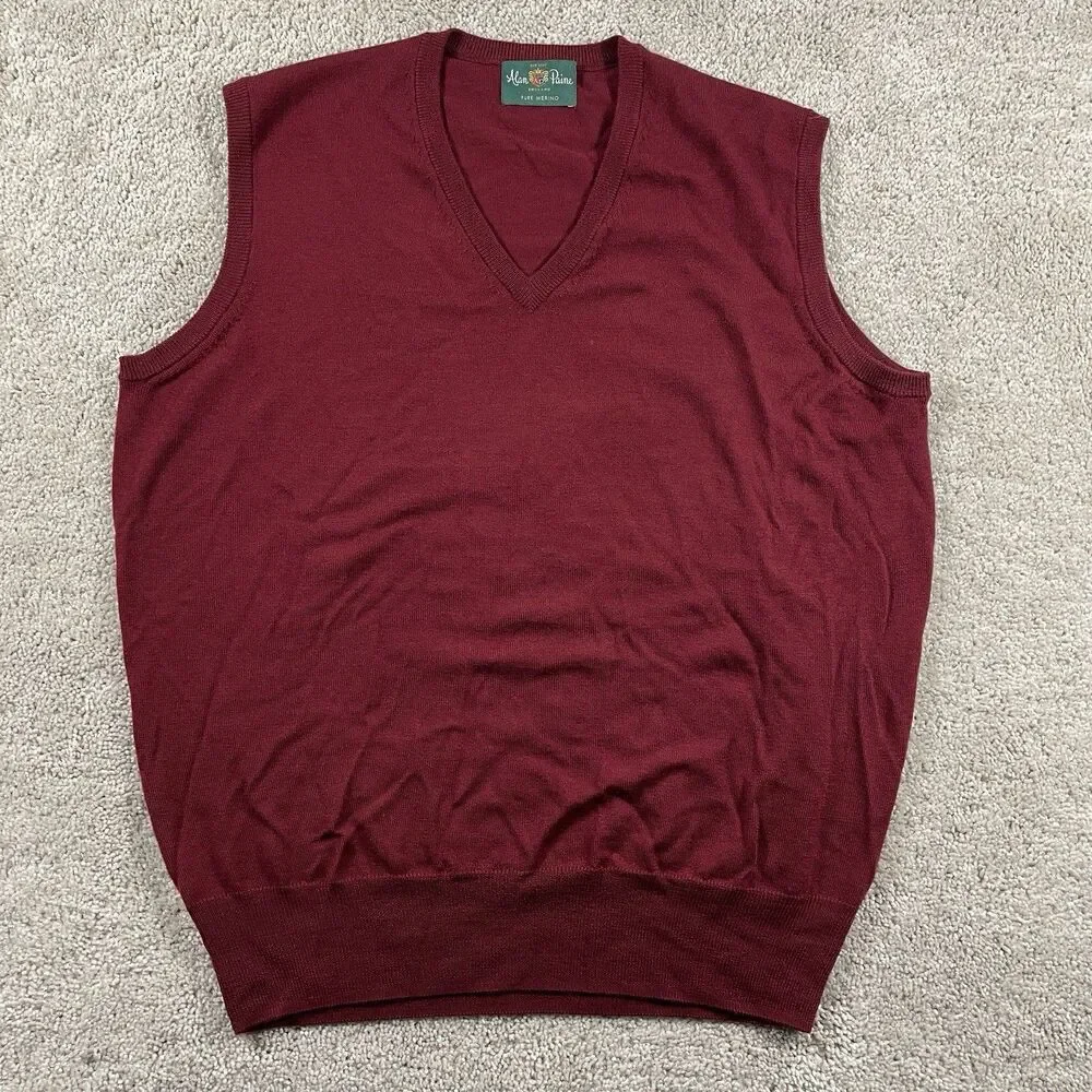 Vintage Alan Paine Men’s V-Neck Sweater Vest Maroon Merino Wool UK44 EUR 52 US L